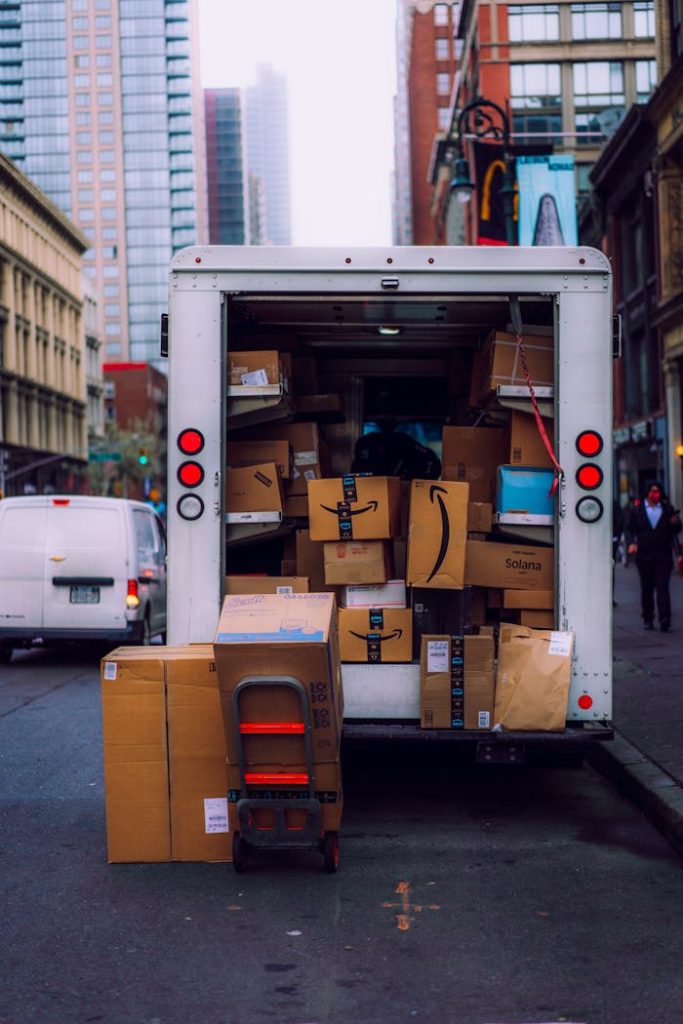 A Truck with Packages Parked on the Side of a Street